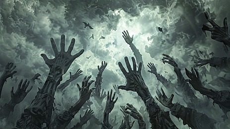 A group of grey zombie hands reaching out from the sky with clou
